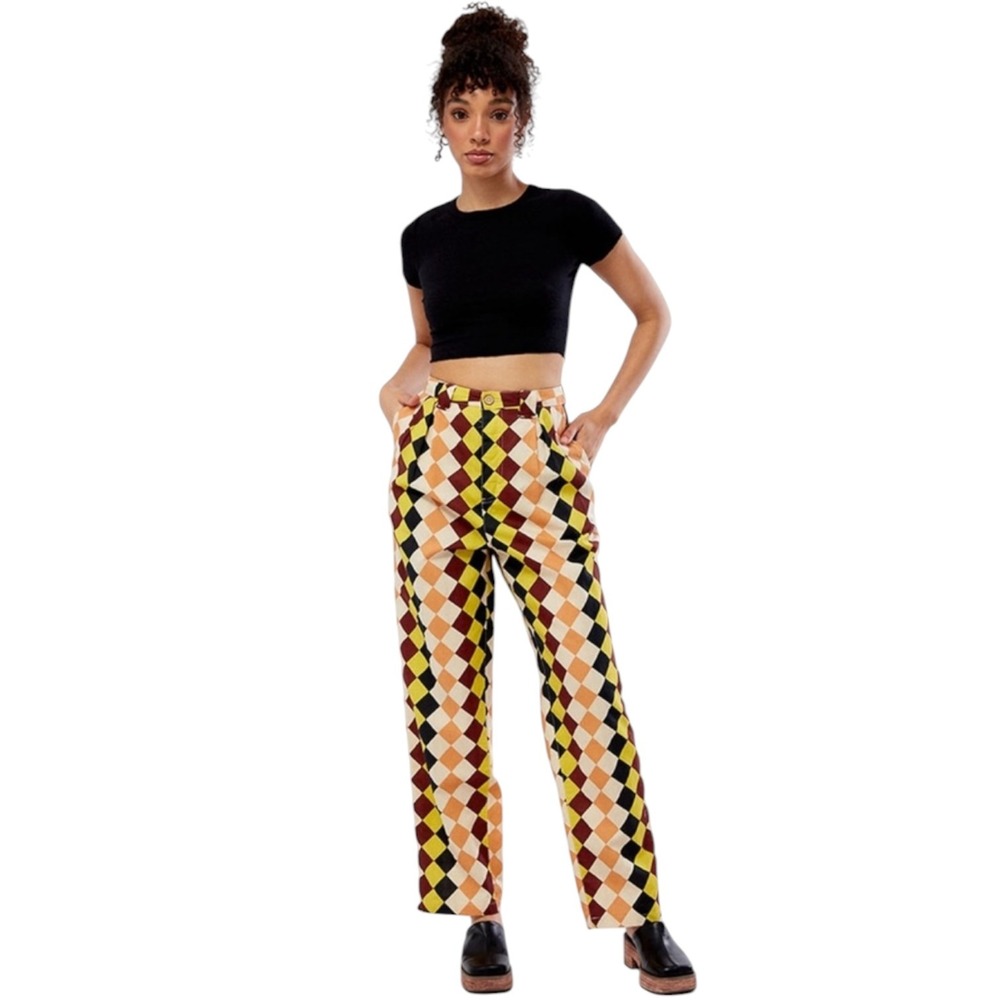 RVCA x Greenpacha Peru Pants Harlequin Diamond  Linen Blend High Waist Size 26